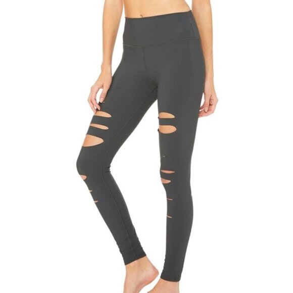 ALO Yoga High Waisted Ripped Warrior Leggings- Anthracite Charcoal Grey - Picture 2 of 11